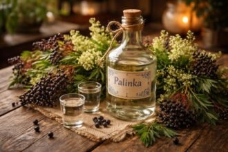 Különleges borzag pálinka ital egy üvegben magyar tájjal